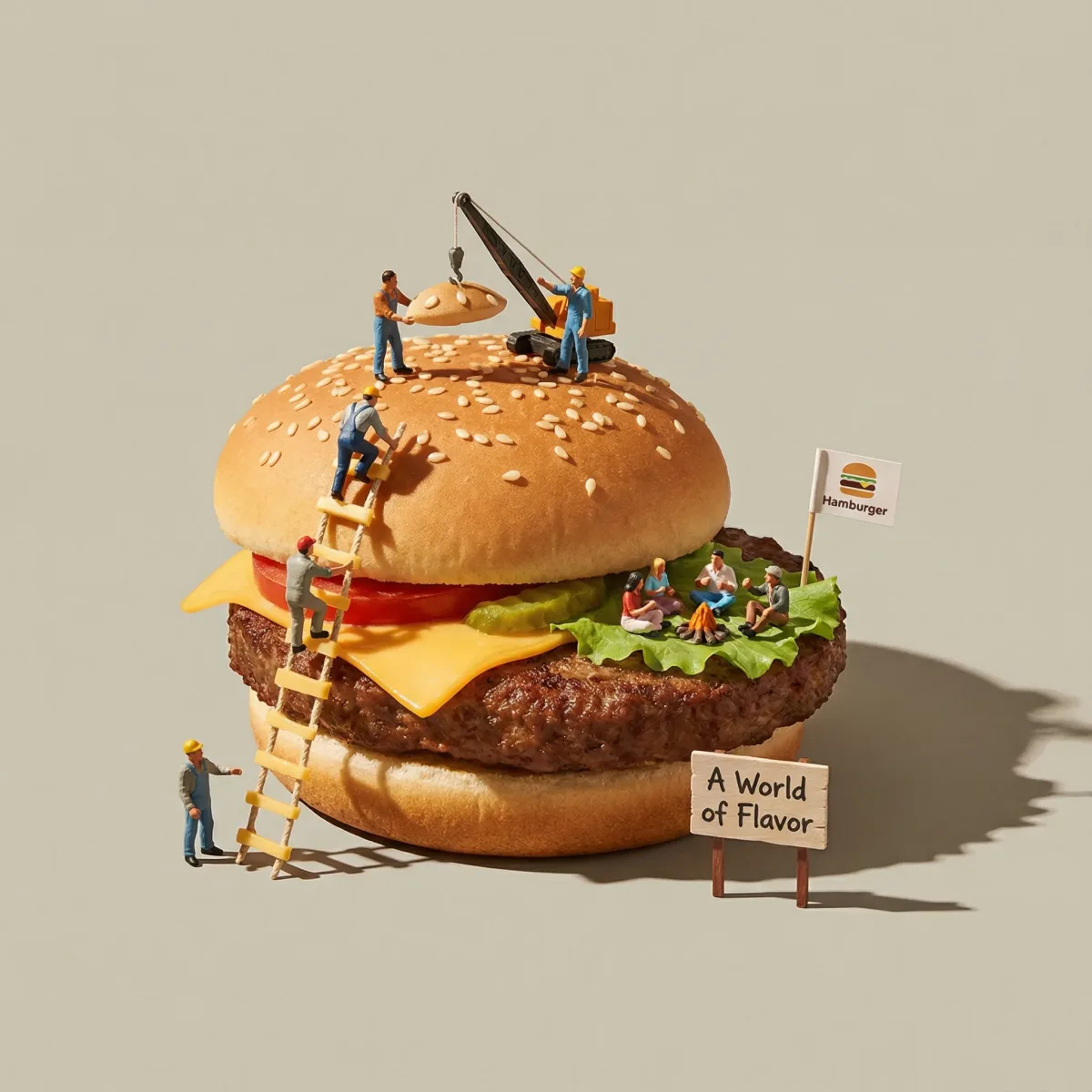 Miniature Surreal Scene with Hamburger Product (Crafted)