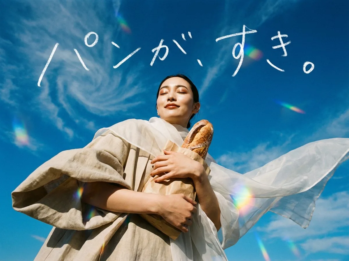 Stylized Tokyo avant-garde bread ad with handwritten Japanese