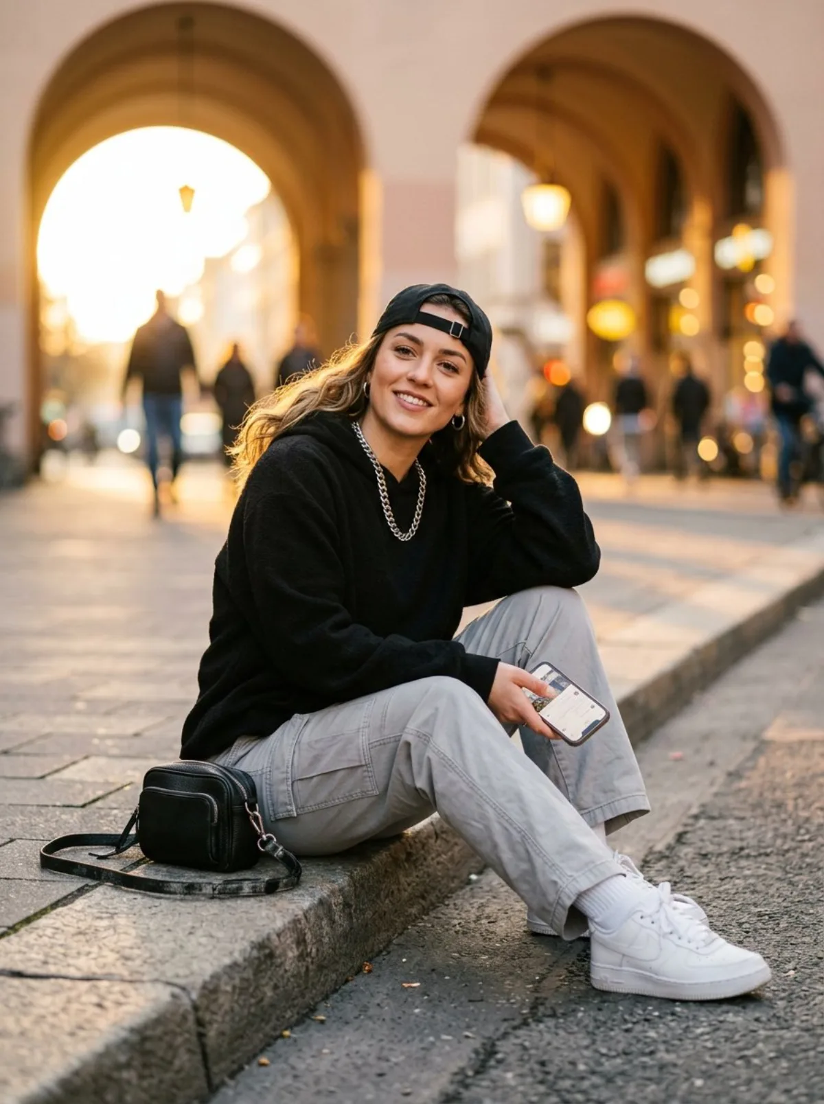 Morning Street Fashion: Woman on City Sidewalk - Hero Style