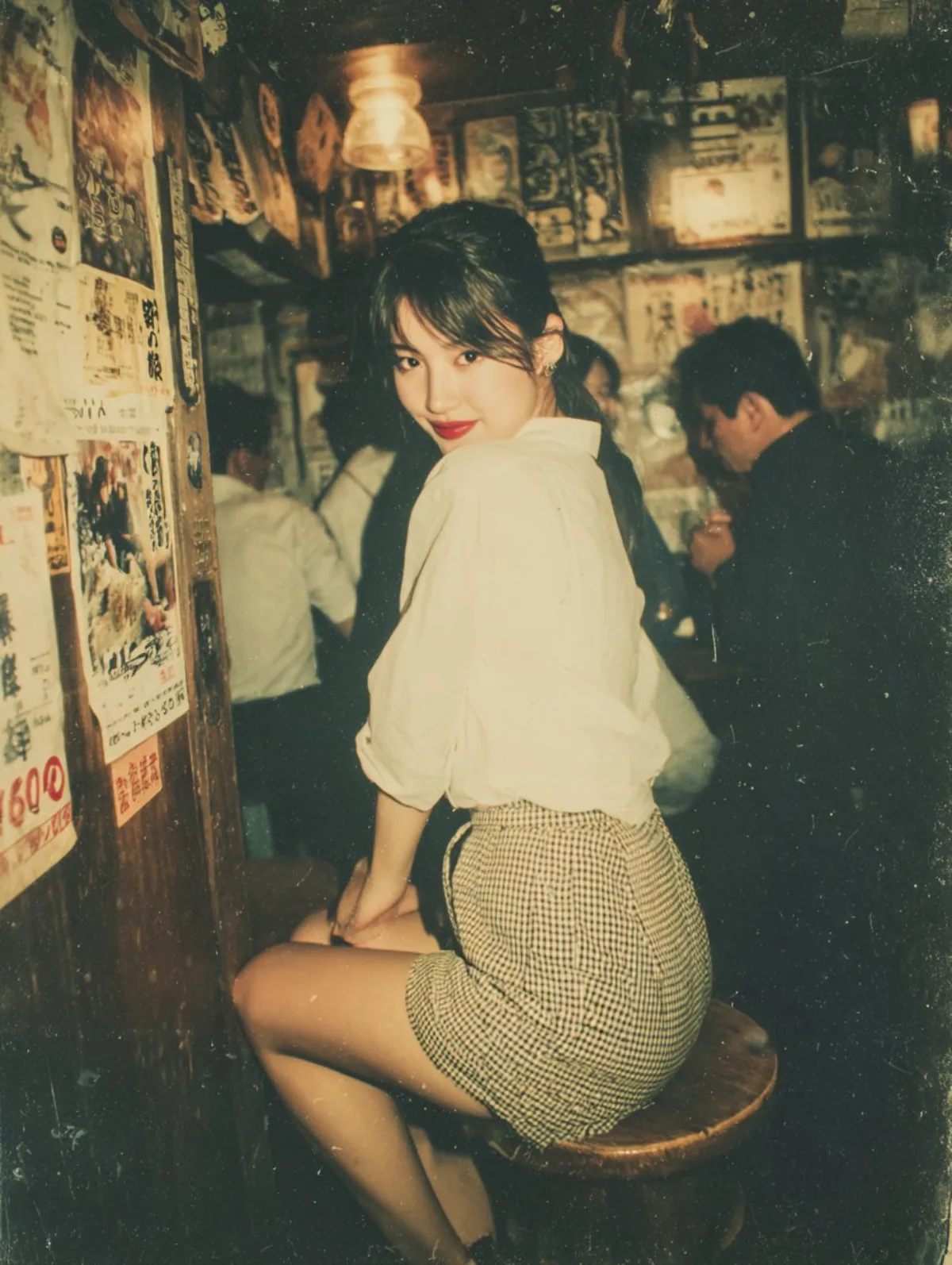 主图视角下的居酒屋里用闪光灯拍摄的美女照片