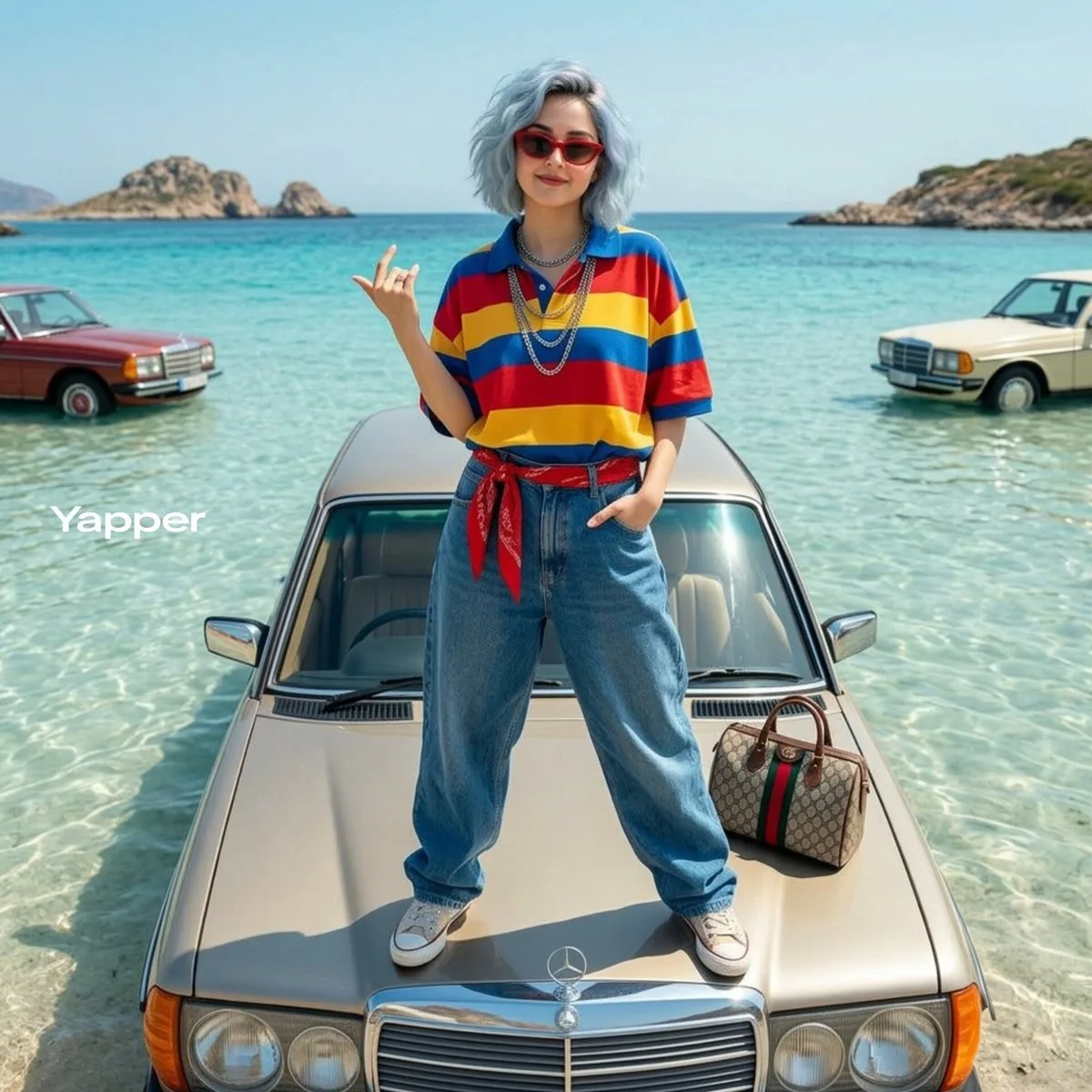 Signature Stylish Woman on Vintage Car in Ocean