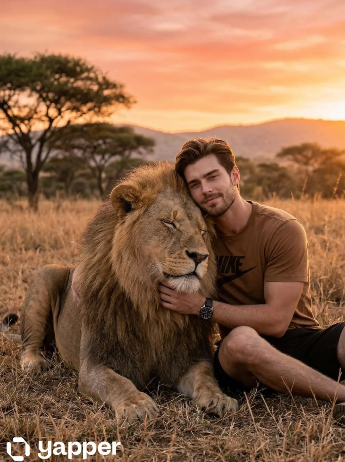 Man Embraces Lion in African Savanna Sunset - Premium Style