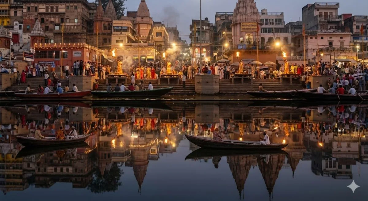 Varanasi ghats split-time night scene
