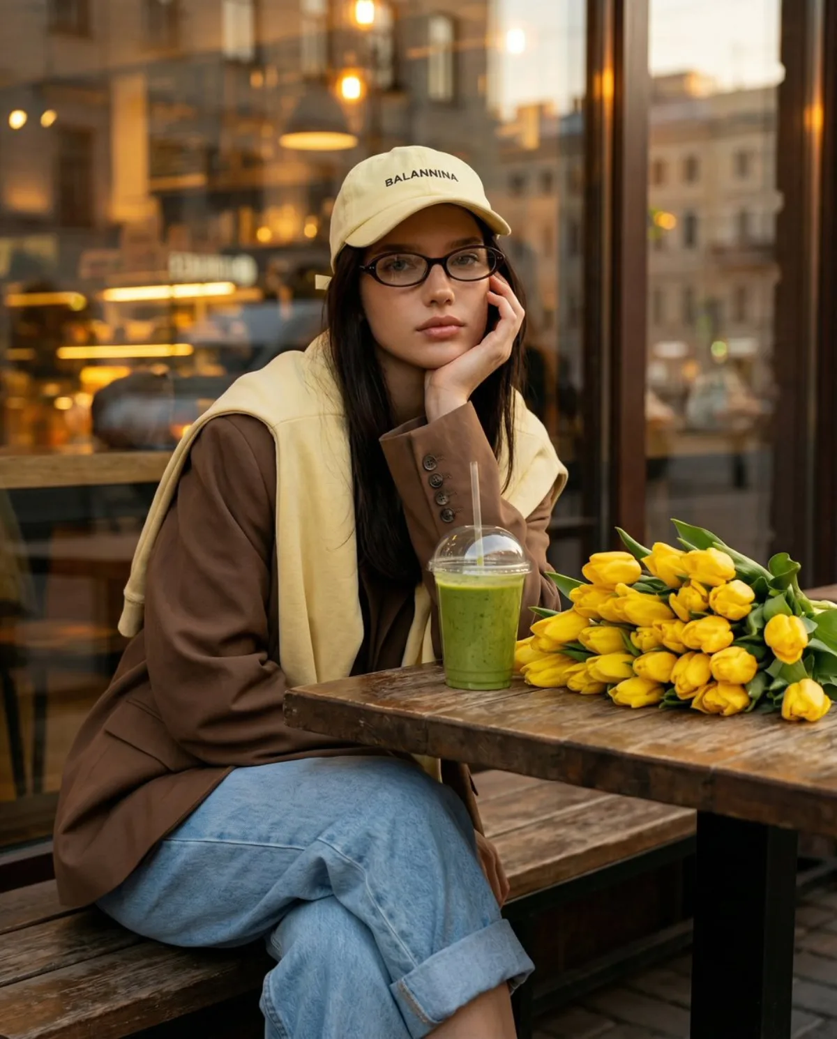Studio-Grade Stylish Woman at Cafe with Tulips and Smoothie