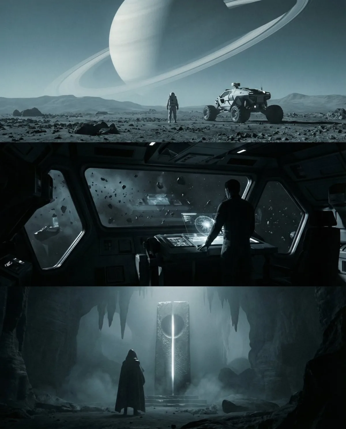 Triptych sci-fi cinematic prompt for Nano Banana Pro