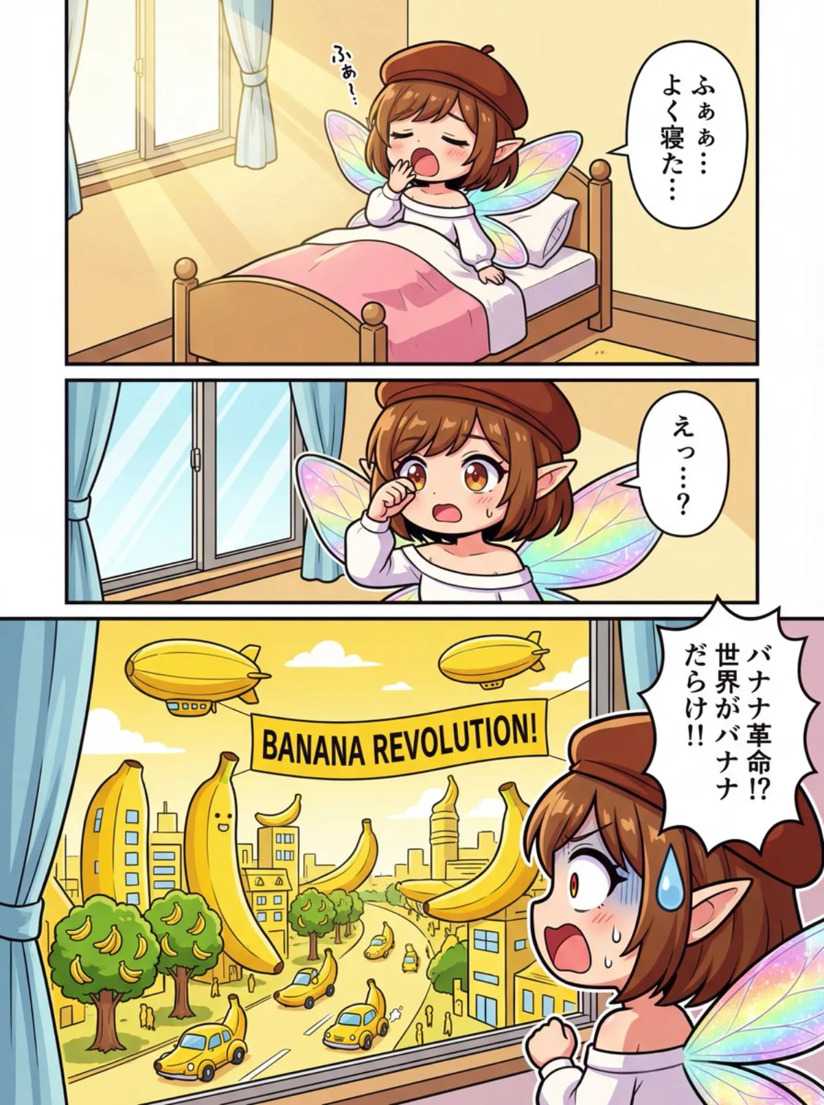 One-page color manga about the release of nanobanana2 and a banana revolution (C