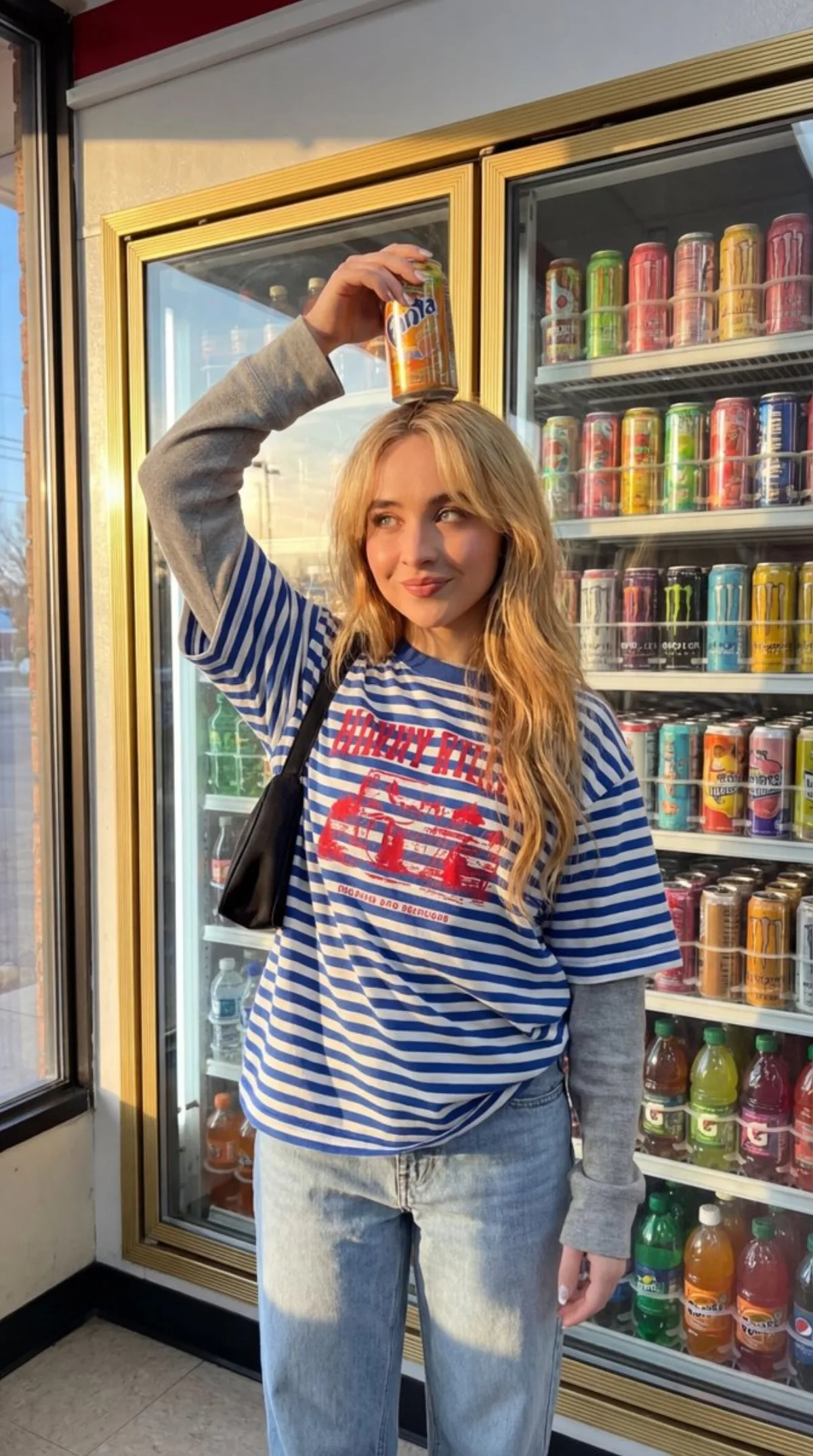 A Editorial Stylish Woman at Convenience Store Refrigerator