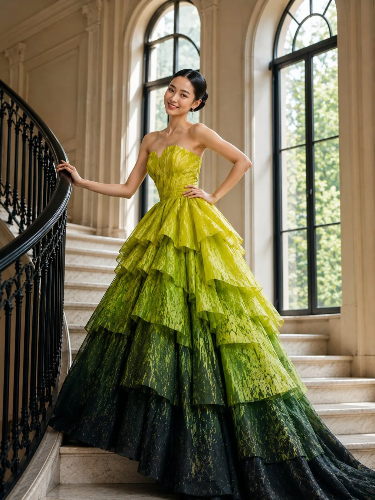 Elegant Staircase Gradient Ballgown Fashion Editorial