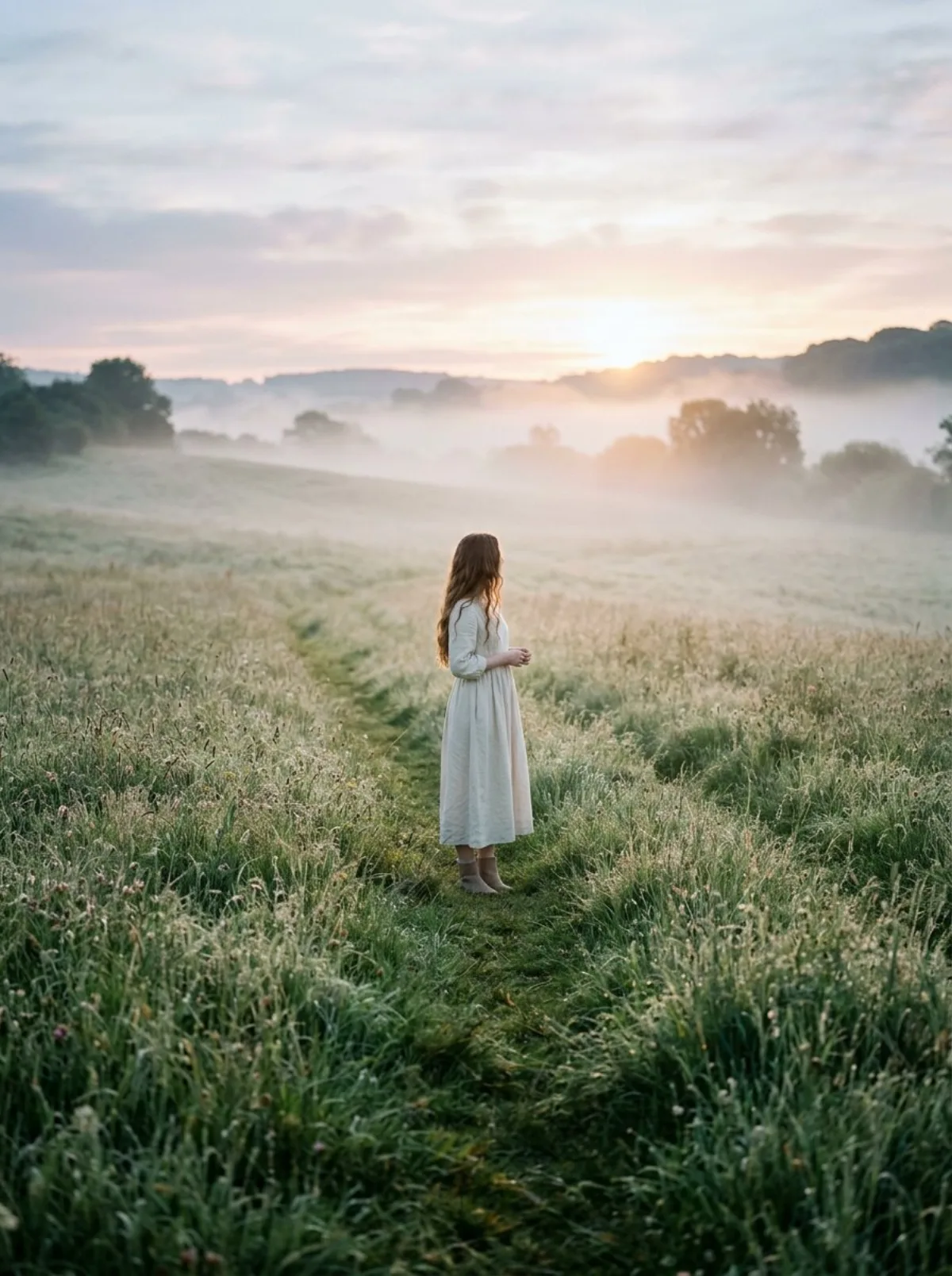 Girl in Dew-Covered Meadow at Sunrise (Stylized)