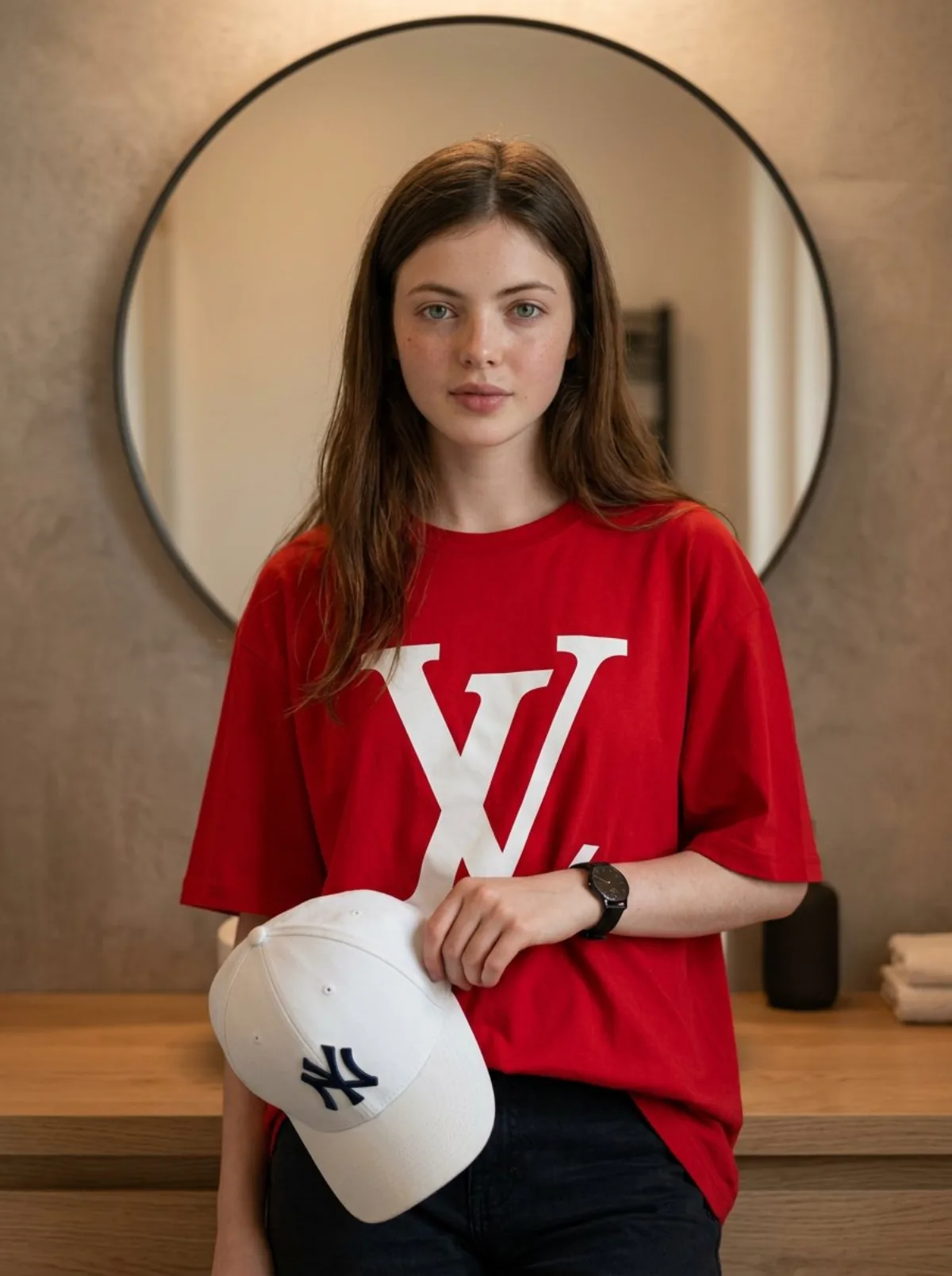 A Hero Stylish Man in Modern Bathroom, LV Tee, NY Cap