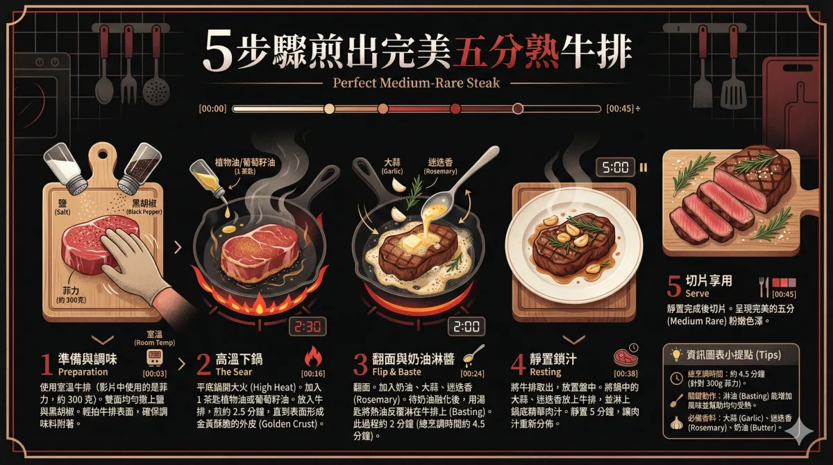 針对以上整理內容製作成资訊图表，整体设计要有創意，场景以廚房来设计，扁平插画风格，細緻画面，黑红配色(漸层+噪点)，內容文字全繁中，尺寸 16：9