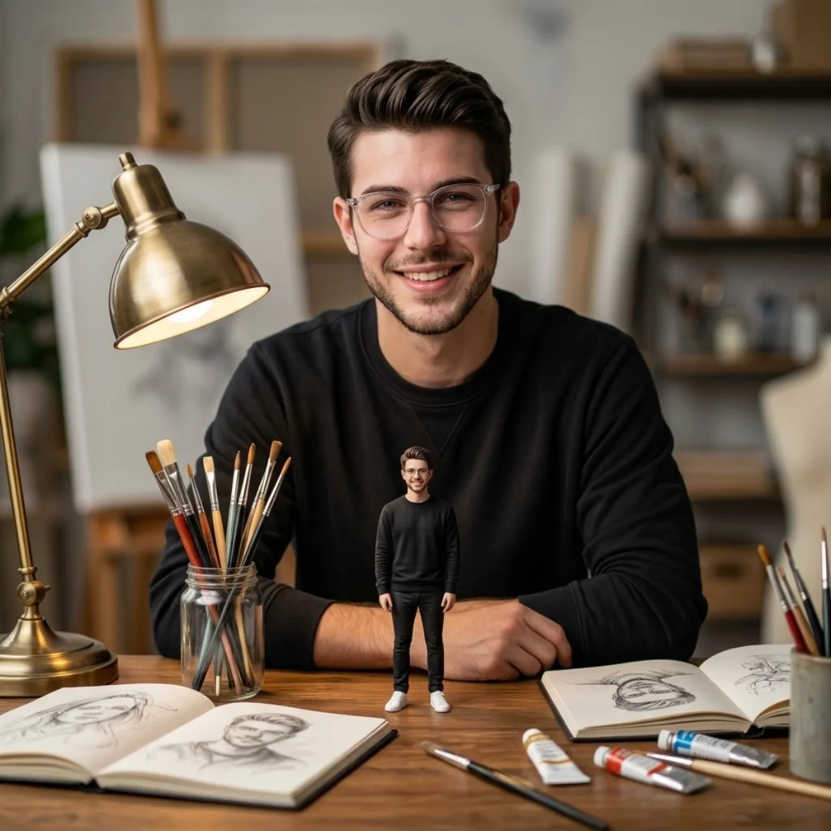 A Crafted Cinematic Portrait with Miniature Self in Art Studio