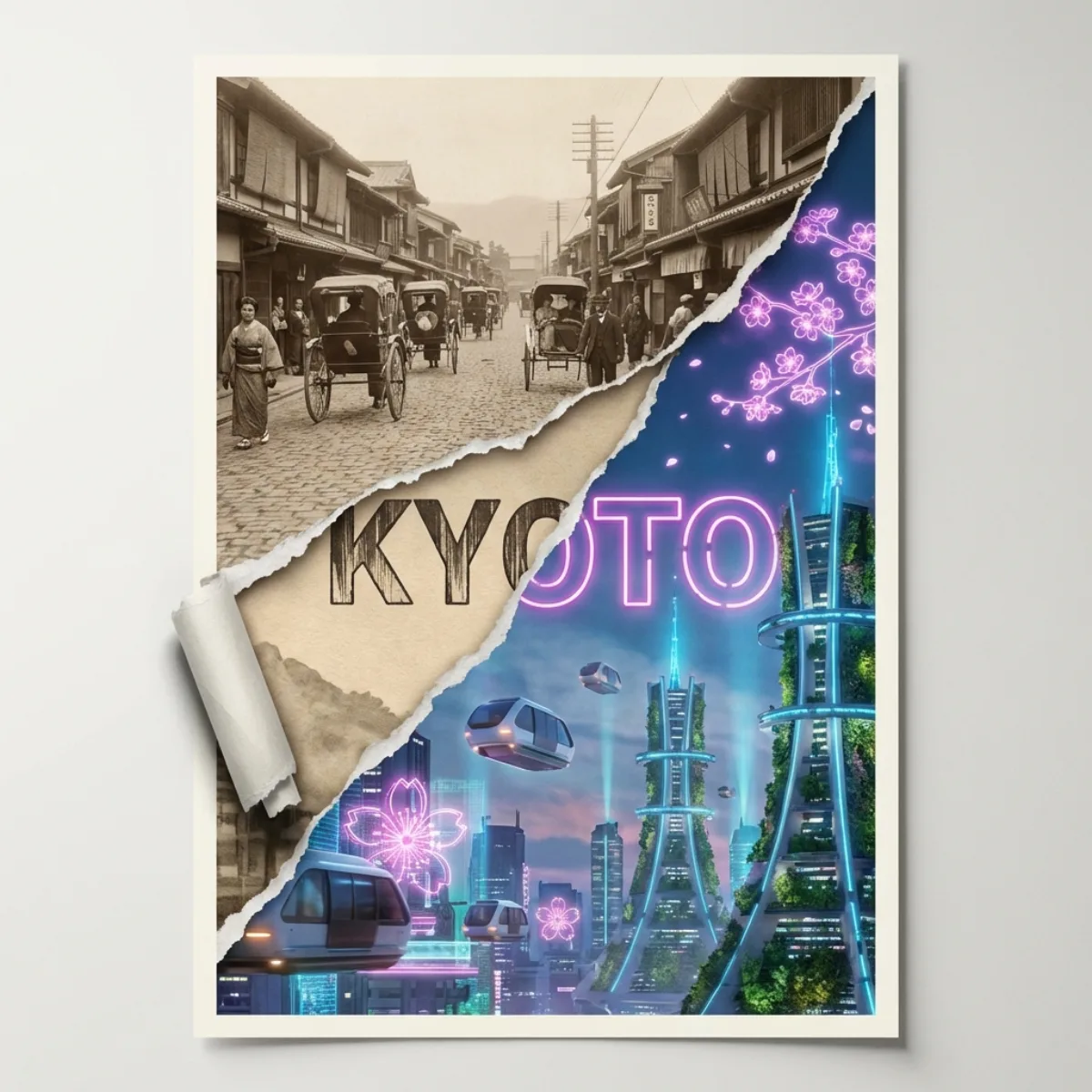 A Premium Kyoto Through Time: Torn Poster of Past and Future