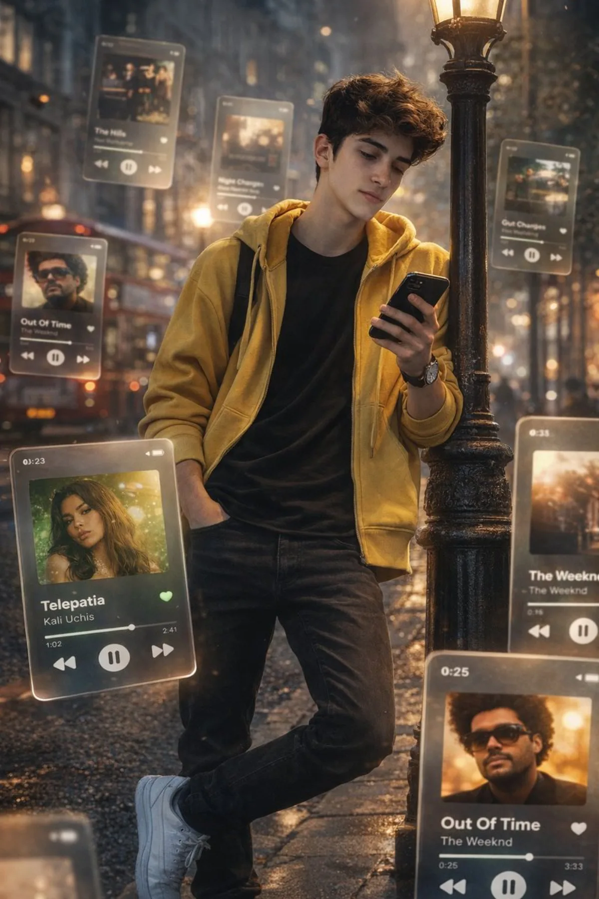 Spotify Dreamscape: Music Vortex Under Streetlights