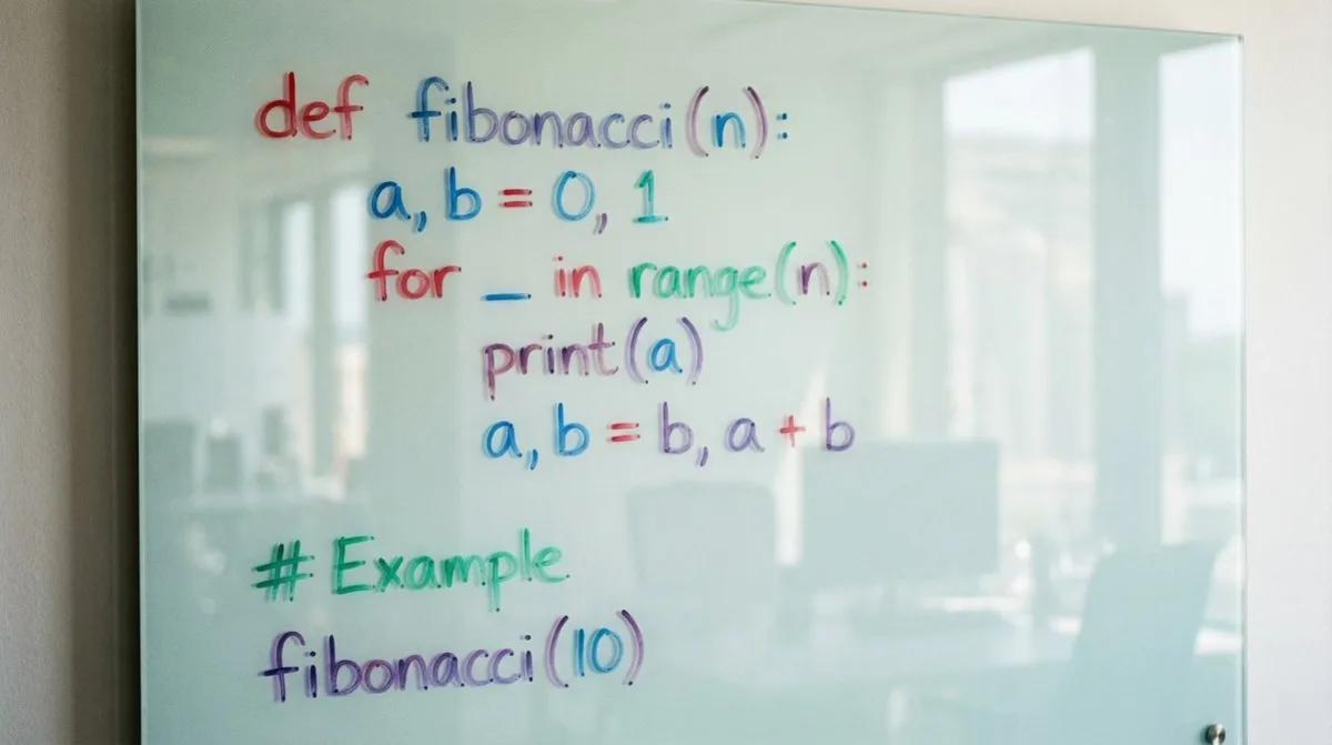 Python Fibonacci code on glass whiteboard - Hero Style