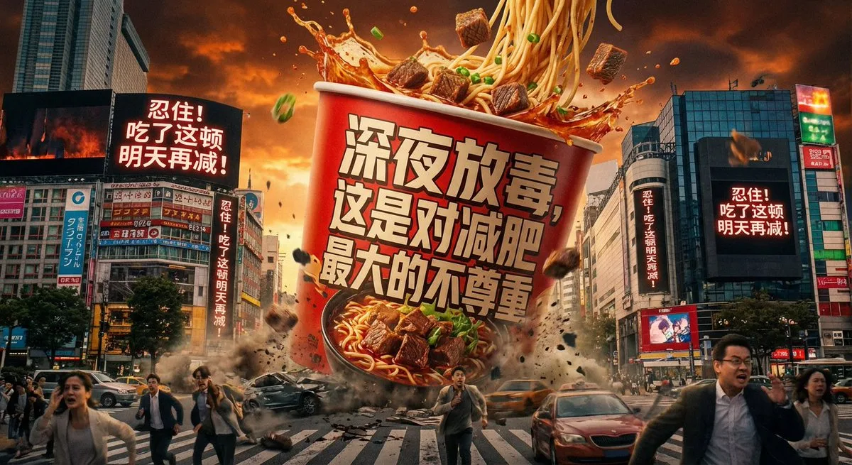 Giant instant noodle cup disaster scene