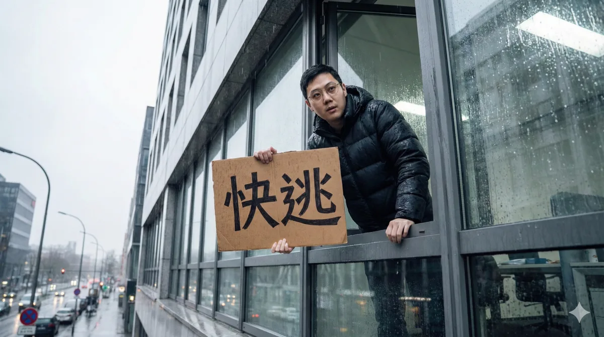 A person wearing a [down jacket] holding a cardboard sign, leaning out from a se
