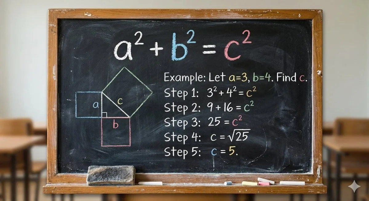 Classroom blackboard with Pythagoras theorem