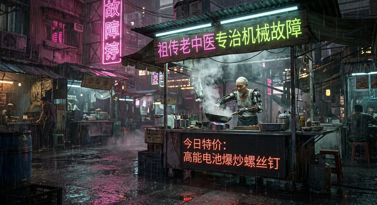 Cyberpunk Chinese roadside stall in slum prompt (Signature)