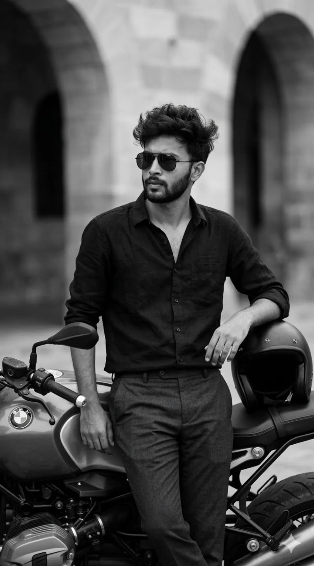 Cinematic B&W Portrait of Man with Motorcycle (Studio-Grade)