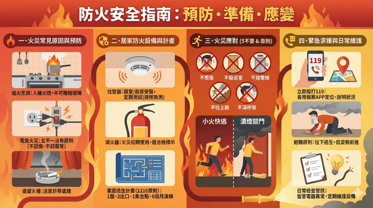 請你參考这份 PDF 文件製作一份资訊图表

风格：扁平向量风，要使用一些插画来示意，插画配色上使用適合火災的配色(漸层+噪点增加質感)
注意：排版要注意閱讀順