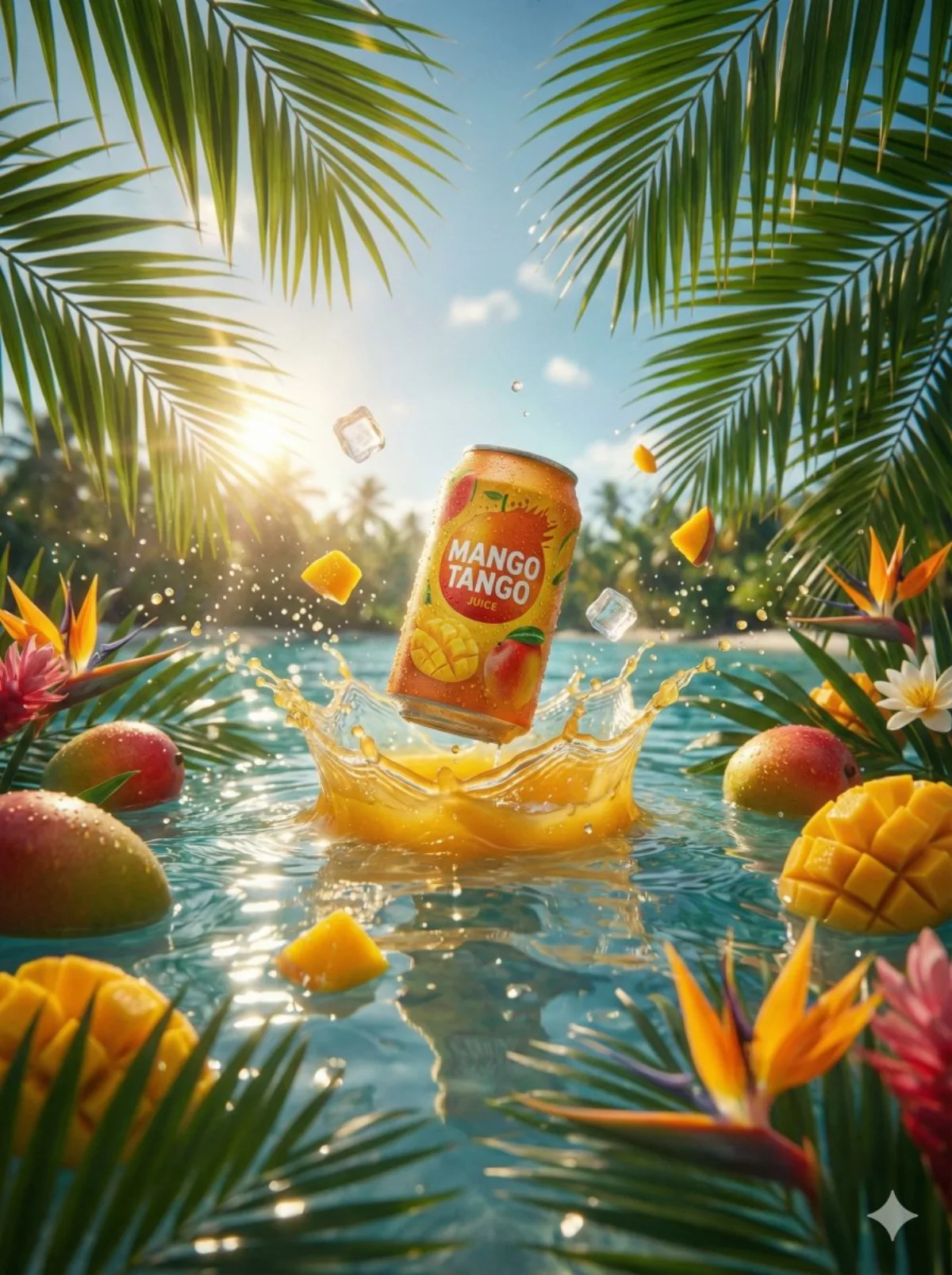 Hyperrealistic Mango Juice Can Emerging from Ocean - Signature Style