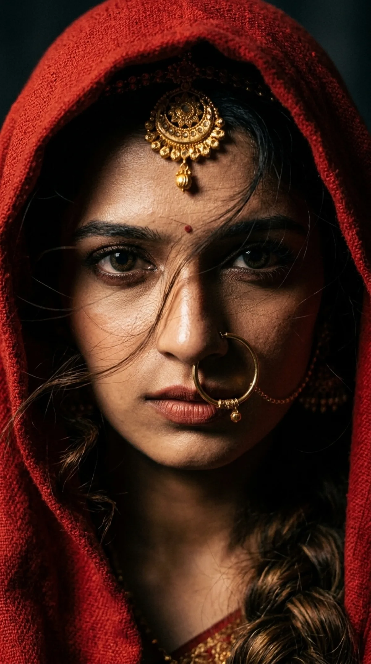 A Premium Dramatic Red Hood Close-up Portrait
